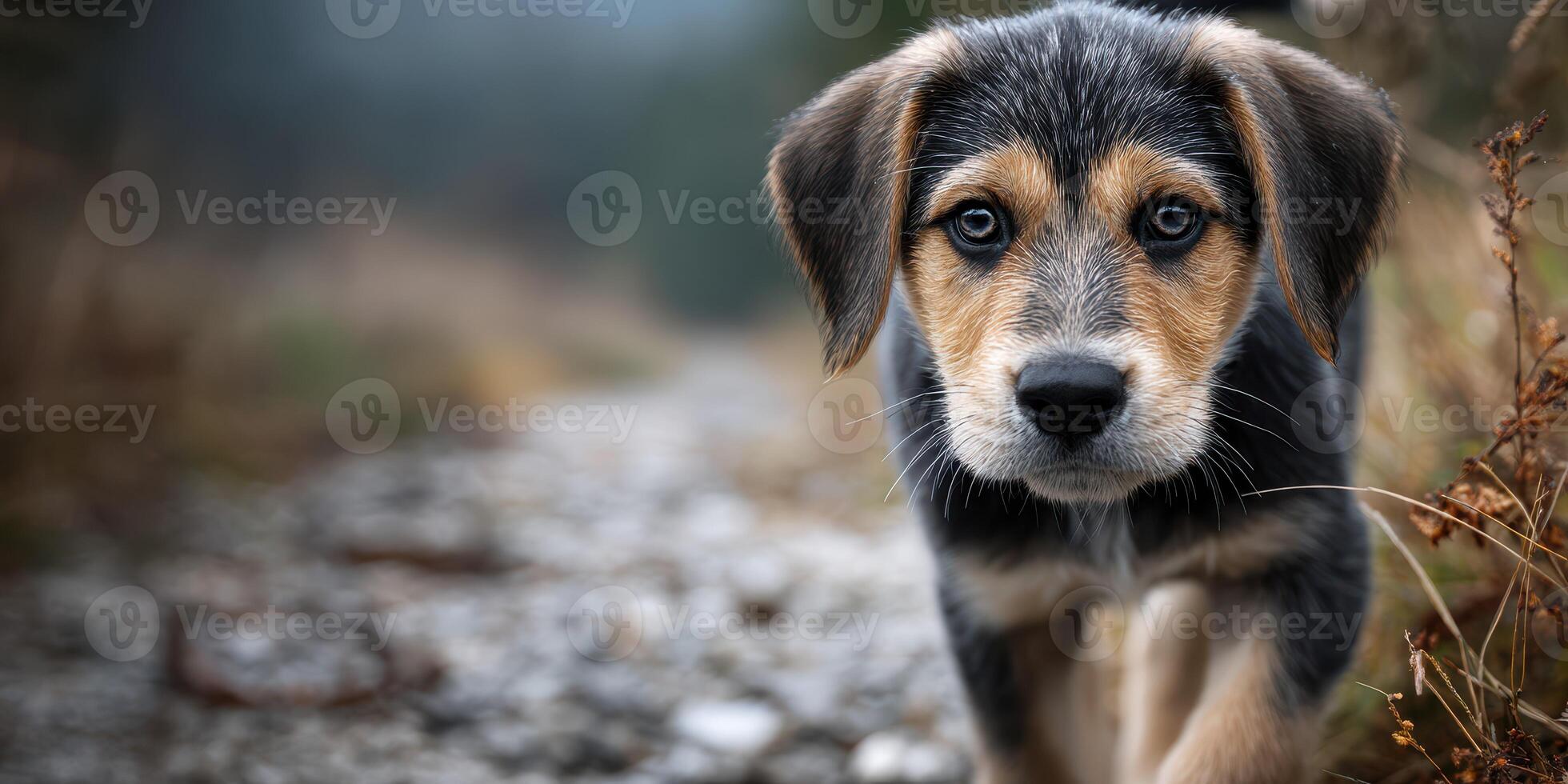 Curious puppy explores a rocky path amidst nature on a cloudy day photo