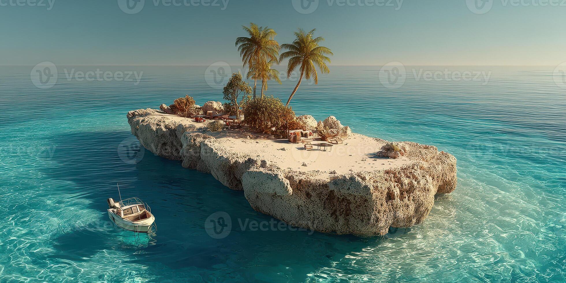 Tropical island oasis with palm trees and a small boat docked in clear blue water during a sunny day photo