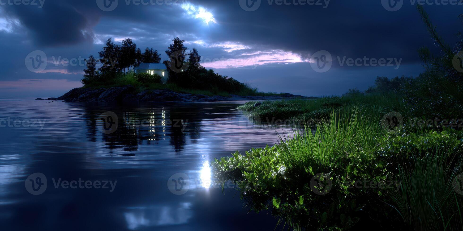 Tranquil evening on a secluded island with a glowing cabin surrounded by calm waters and lush vegetation photo