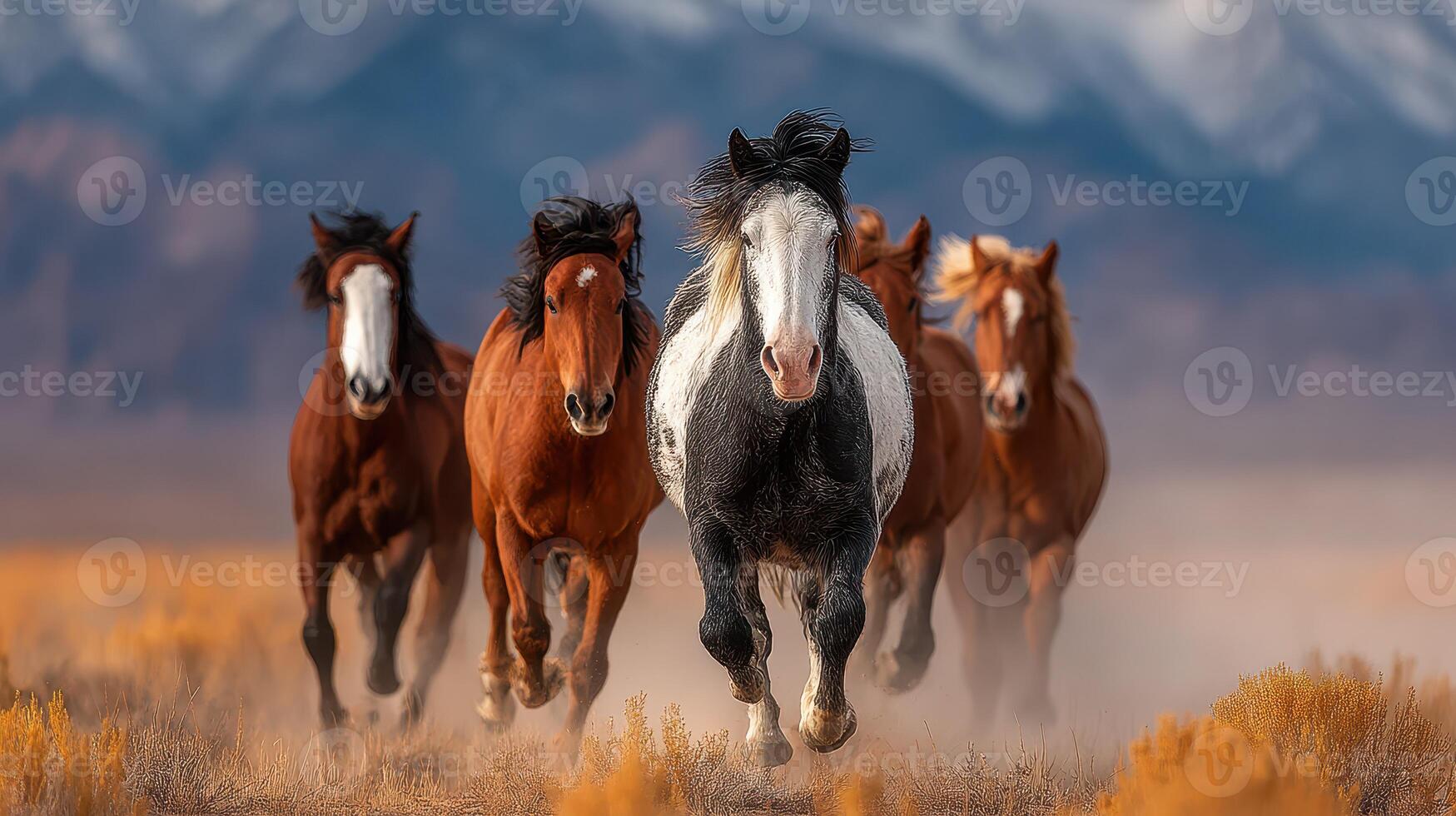 Wild horses galloping through golden grasslands with mountains in the background during a sunny afternoon photo
