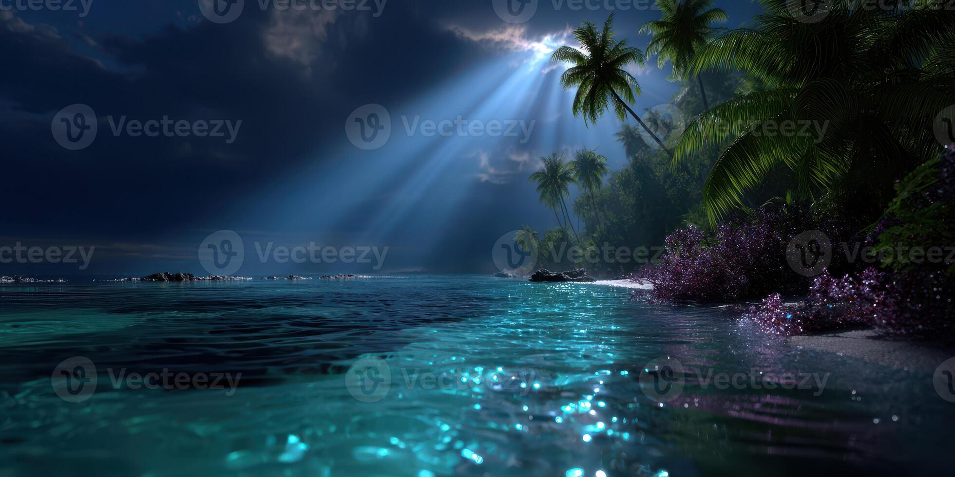 Starlit coastline with palm trees and moonlight illuminating tranquil waters on a serene tropical night photo