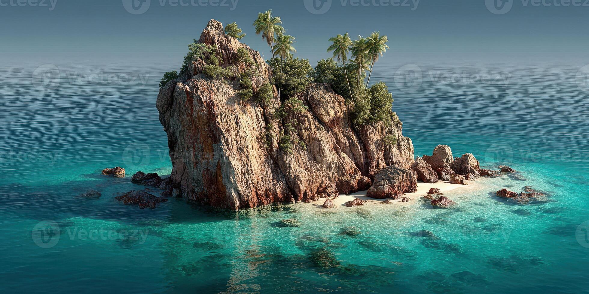 Secluded rocky island surrounded by clear turquoise waters under a bright sky photo