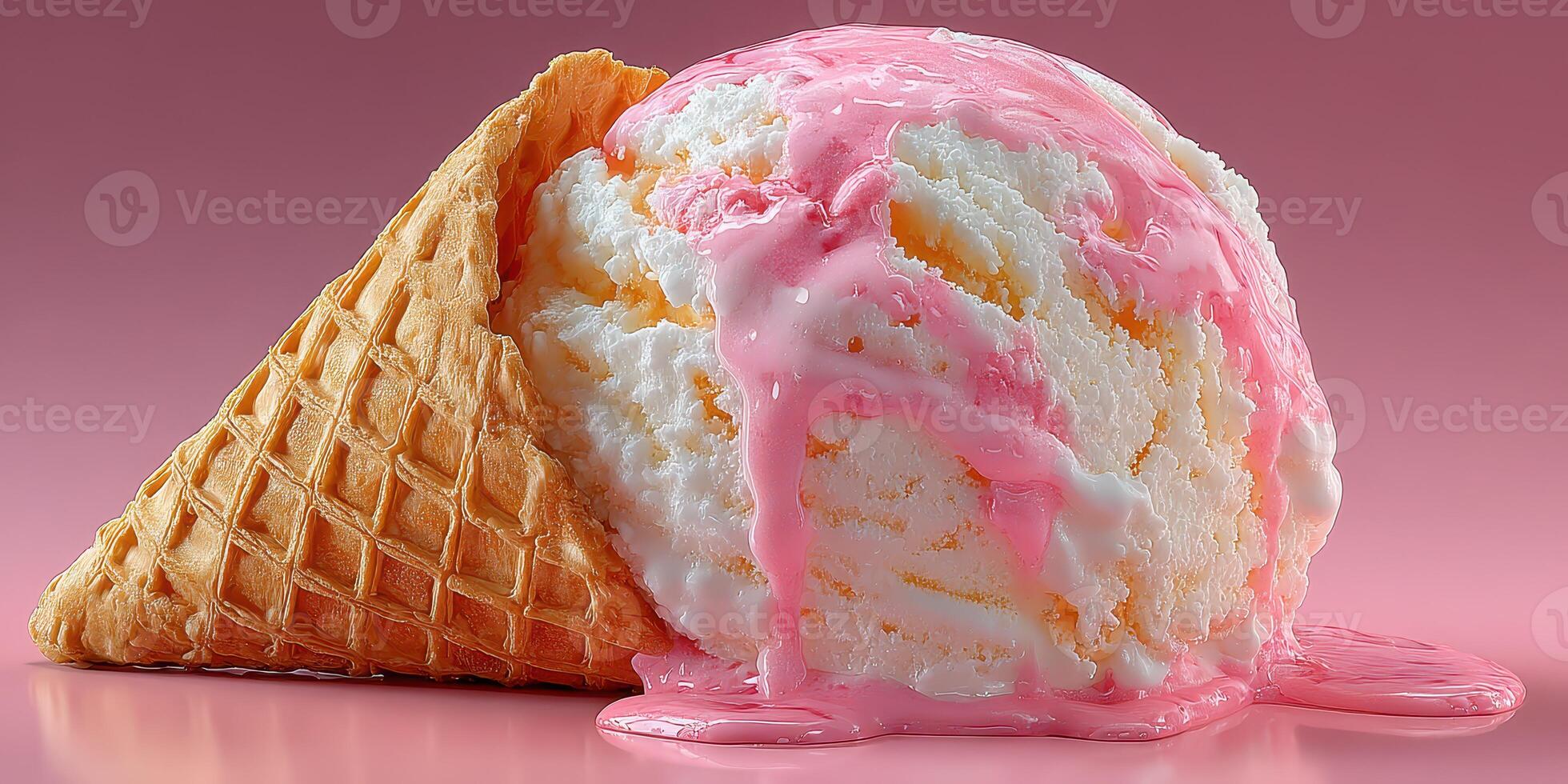 Melting ice cream cone with colorful drips on a pink background evokes summer nostalgia photo