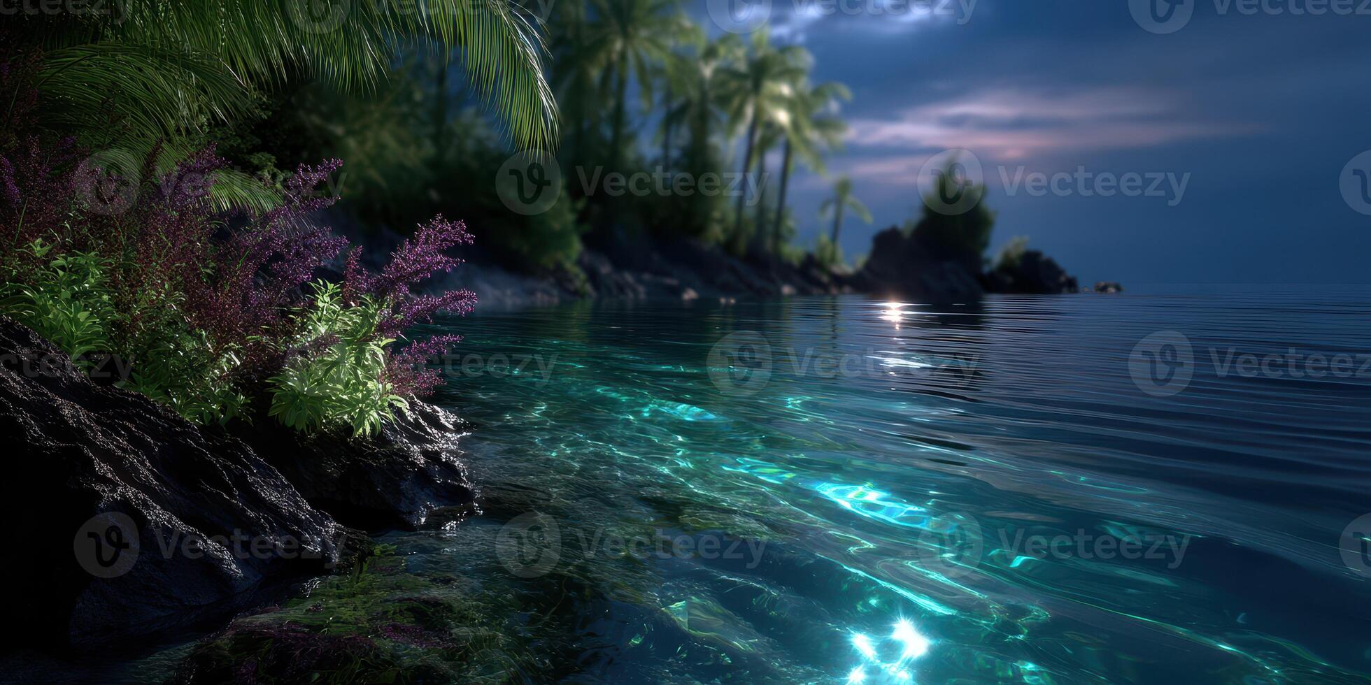 Serene nighttime view of calm water reflecting moonlight in a tropical paradise photo