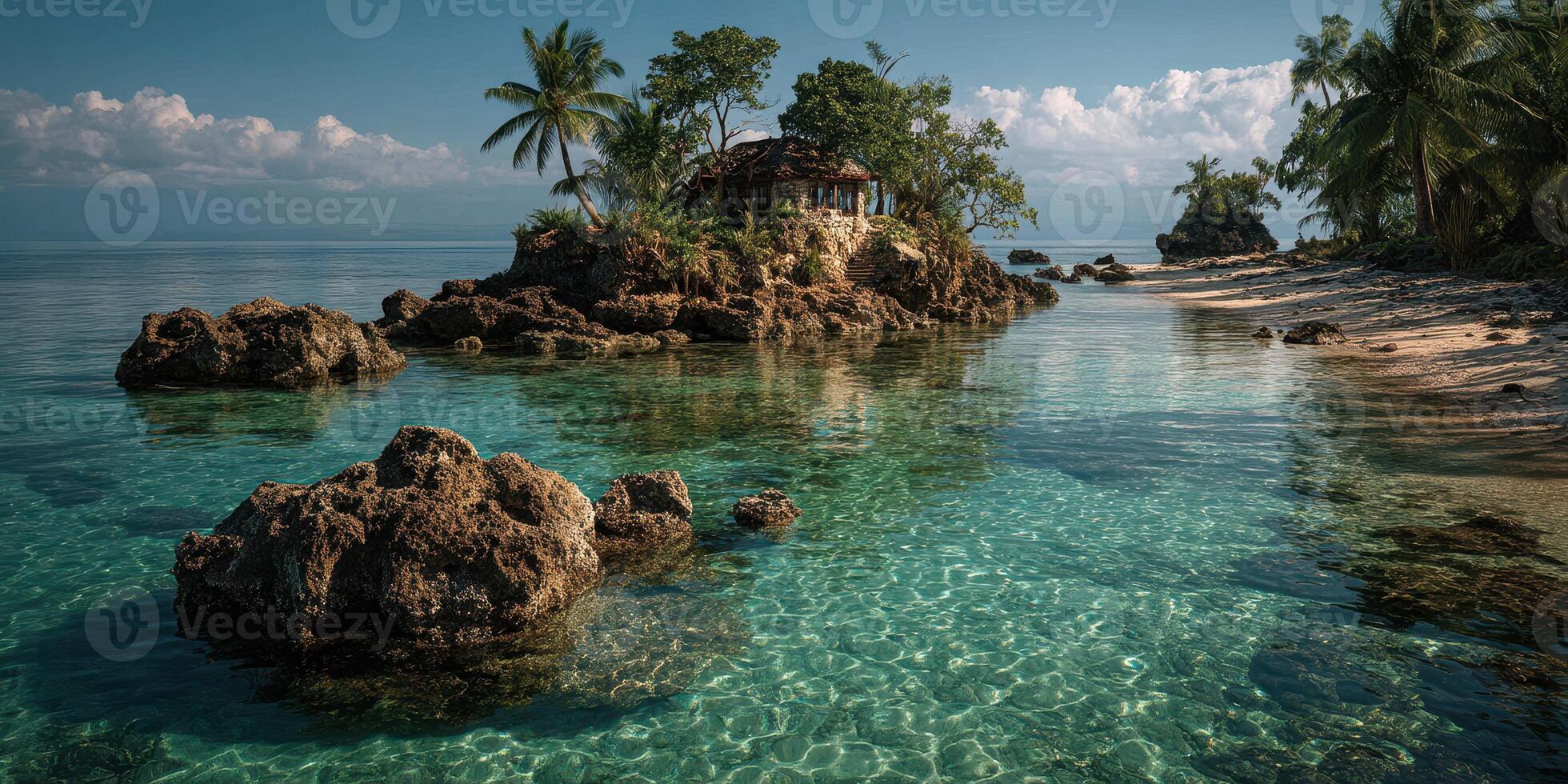 Serenity of a remote island with clear waters and lush palm trees during a sunny day photo