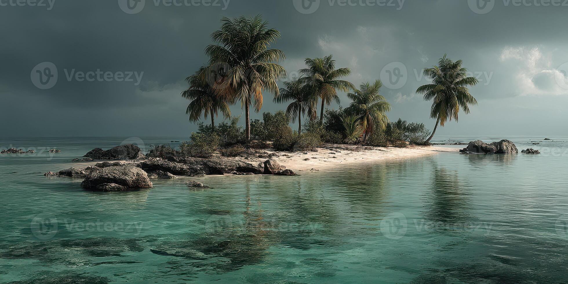 Serene island surrounded by calm waters and cloudy skies in the Caribbean during early morning hours photo