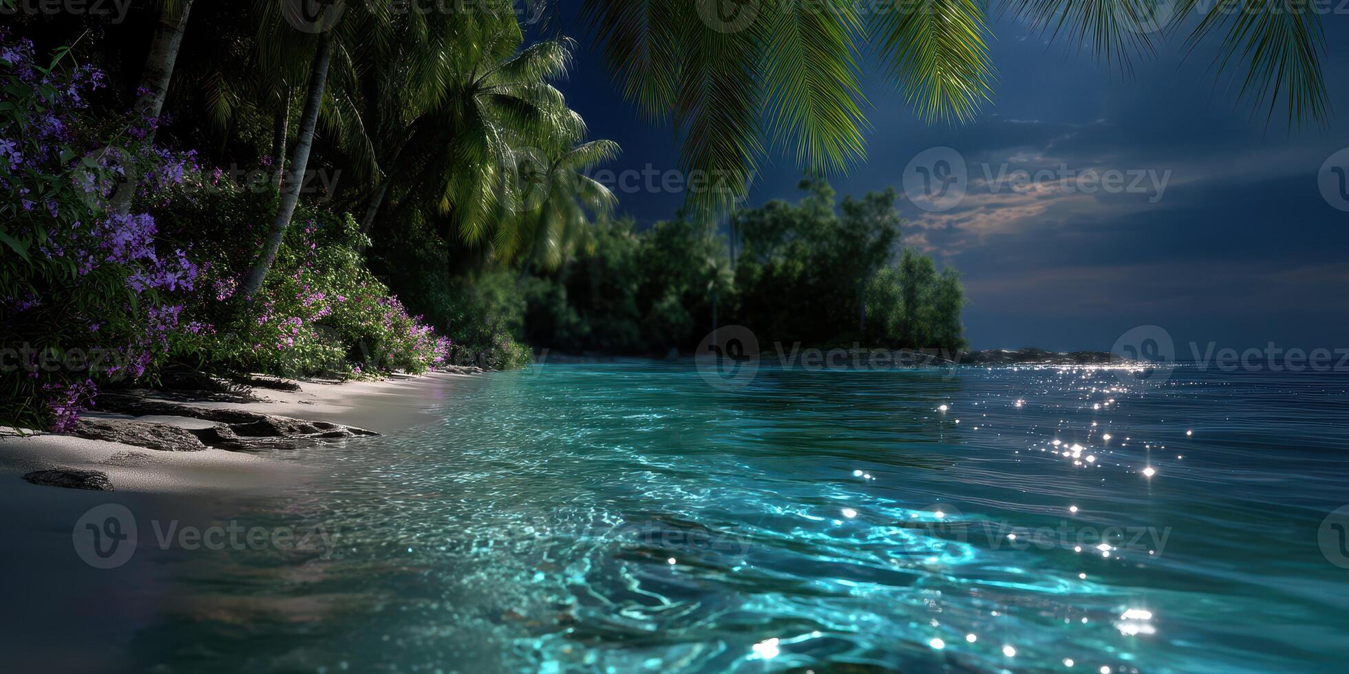 Serene tropical beach at night with shimmering water and lush palm trees under a moonlit sky photo