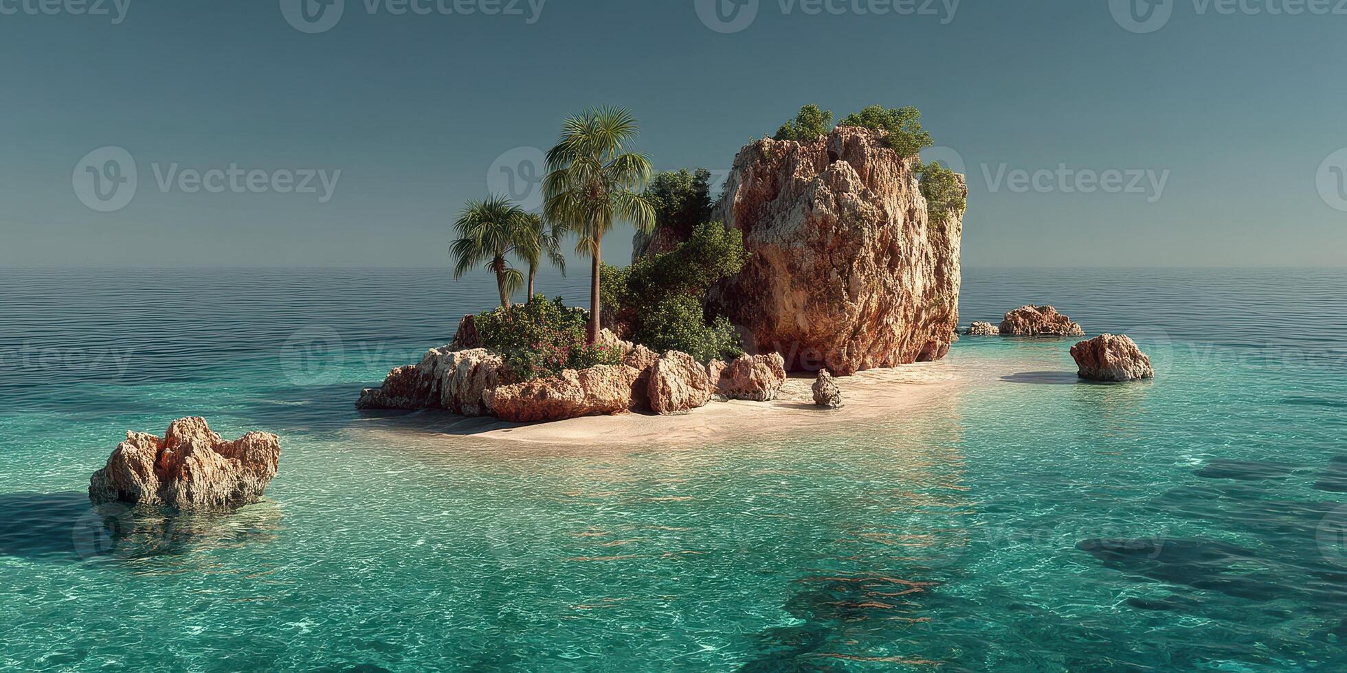 Serene tropical island surrounded by clear turquoise water under a bright sky at midday photo