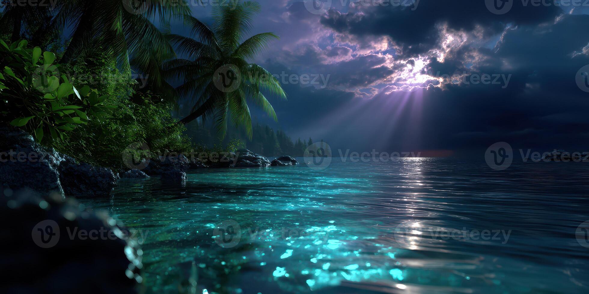 Stunning tropical beach at night illuminated by moonlight and dramatic clouds over the ocean photo