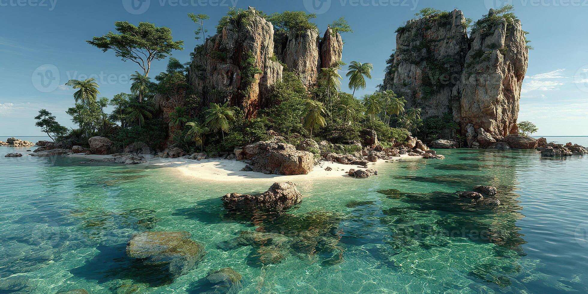 Breathtaking tropical island with lush greenery and clear turquoise waters in a serene coastal setting photo