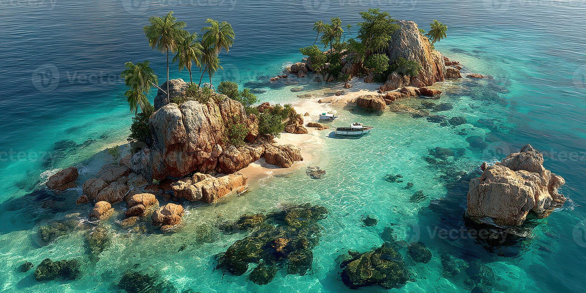 Tropical island with clear turquoise waters and lush palm trees in a sunny paradise location photo