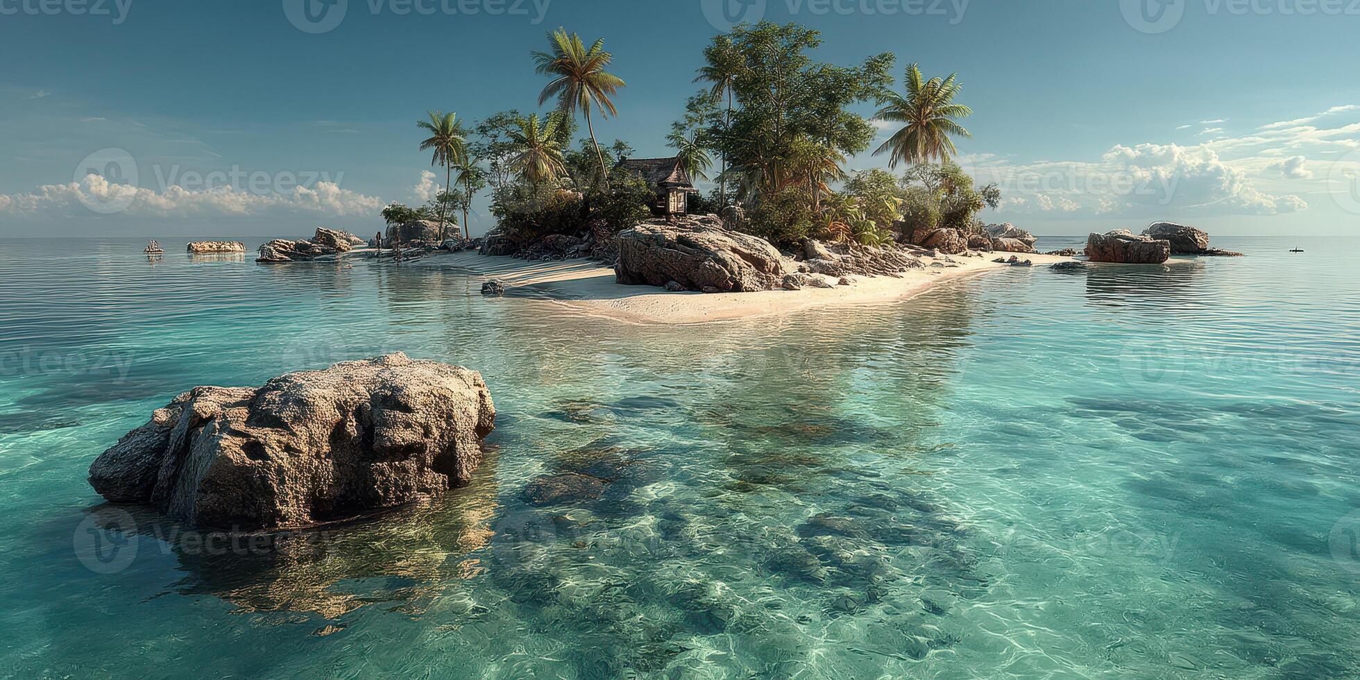 Clear turquoise water surrounds a small tropical island with palm trees and a beach photo
