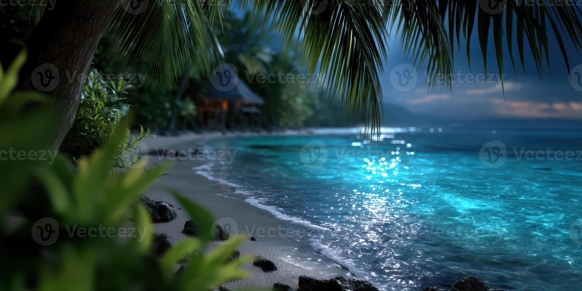 Serene night at a tropical beach with glowing waters and palm trees under a starry sky photo