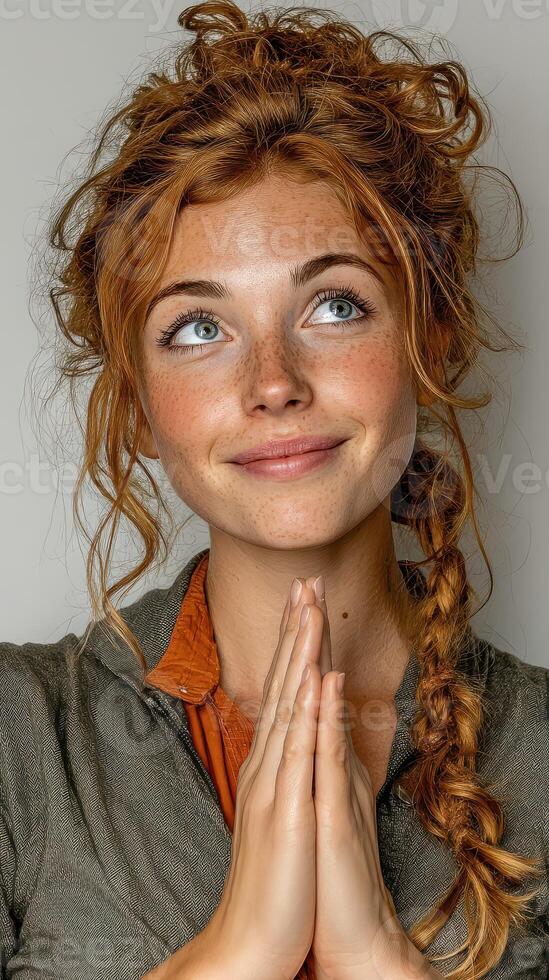Young woman with curly red hair smiles with hands clasped together, expressing joy indoors photo