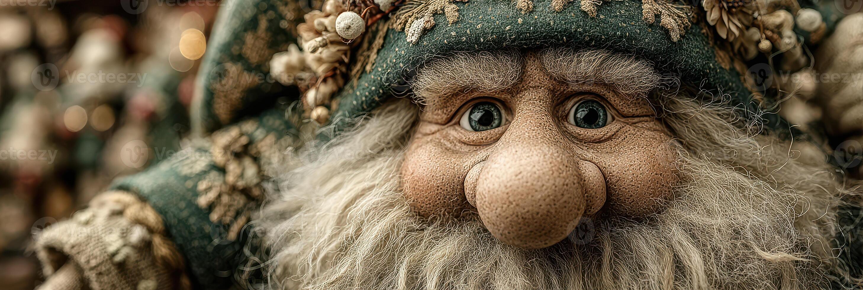 Detailed close-up of a whimsical gnome figure at a festive market during winter season photo