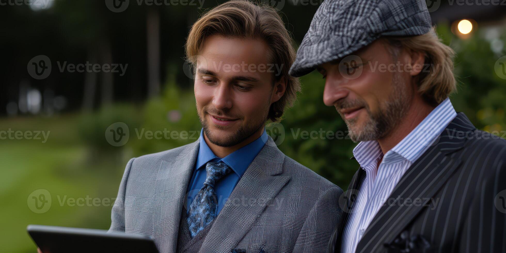Two men in stylish suits share a moment outdoors, engaged in a discussion while examining a tablet during an evening gathering photo