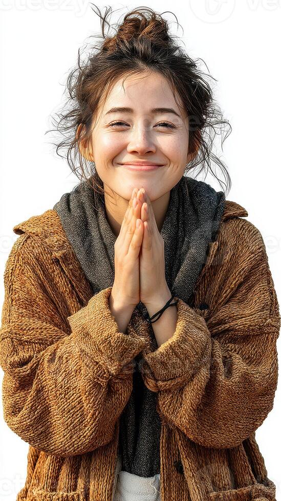 Smiling young woman expressing gratitude with hands together, wearing a cozy brown sweater in a bright outdoor setting during daytime photo