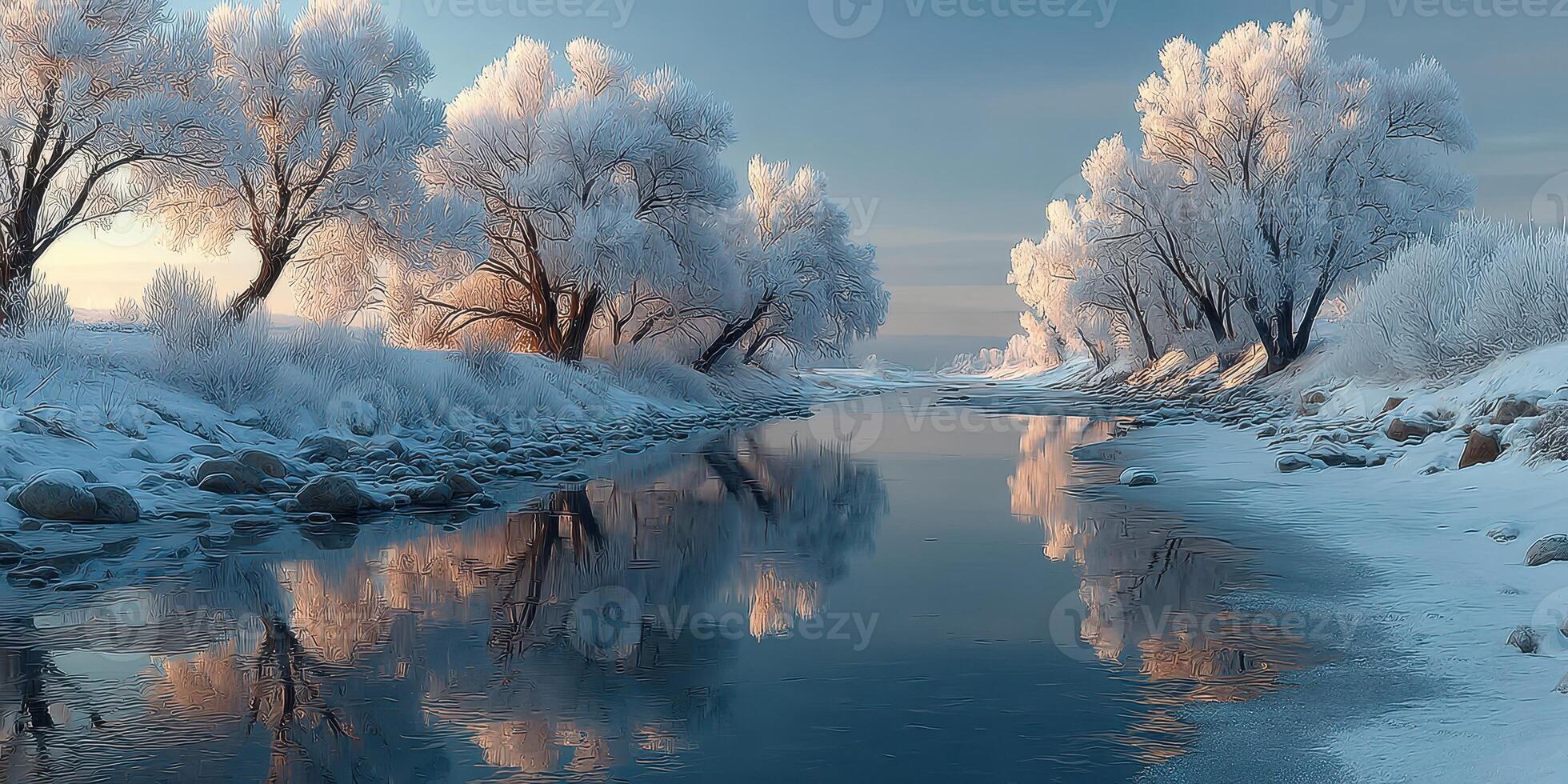 Beautiful winter landscape with frozen river and frosty trees at dawn in a serene natural setting photo