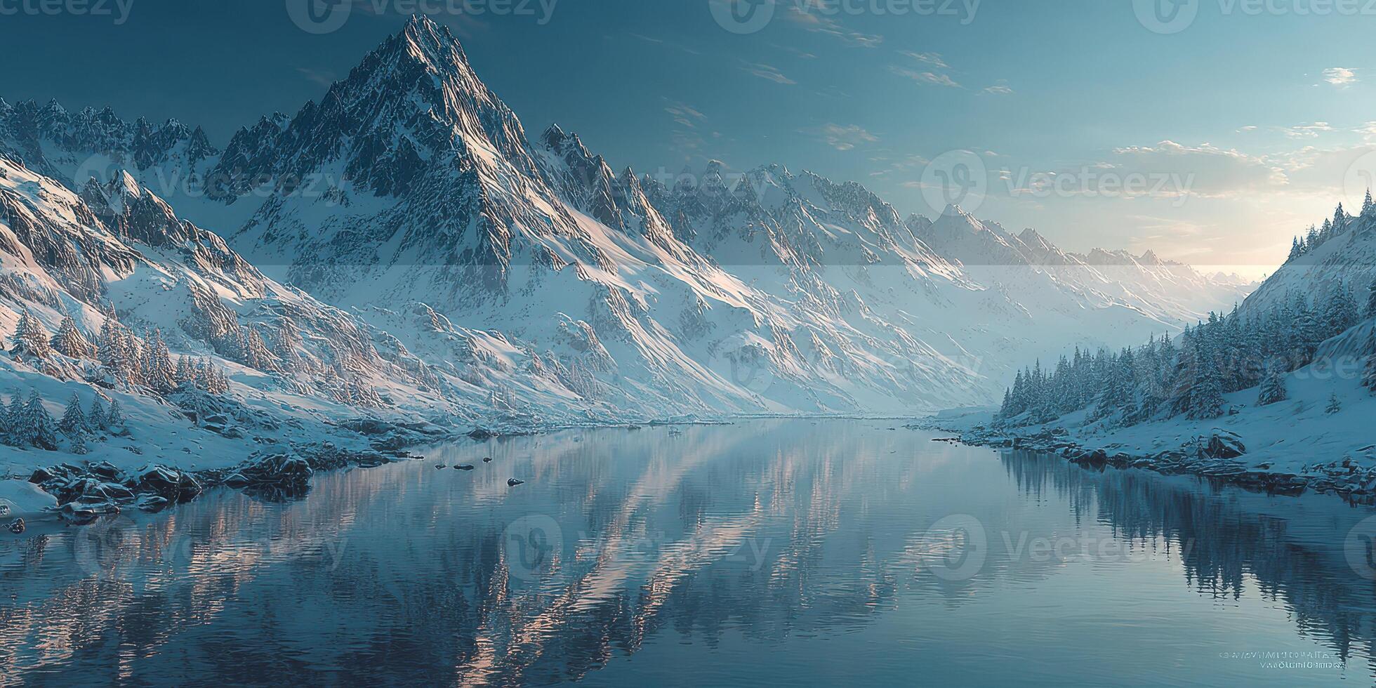 Snow-covered mountains reflect in a tranquil lake at dawn in a serene winter landscape photo