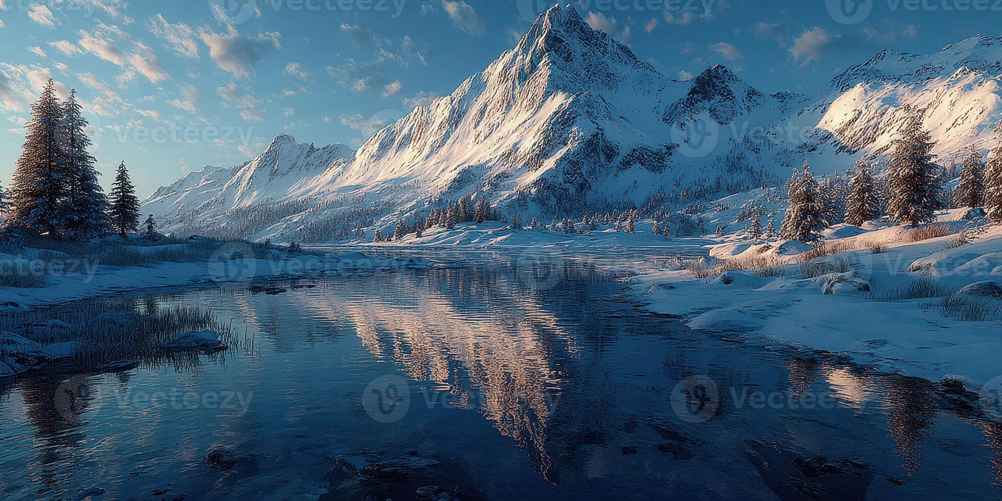 Majestic snow-covered mountains reflect in a tranquil lake during early morning hours with a clear blue sky photo