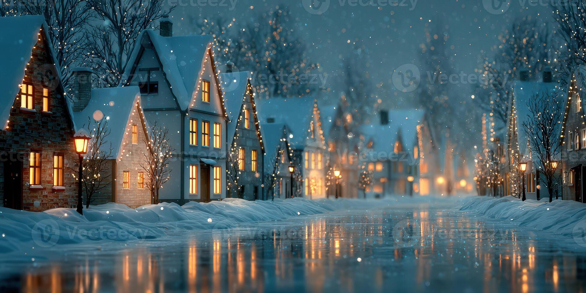 Winter evening in a quiet village with snow-covered houses and a shimmering river under moonlight photo