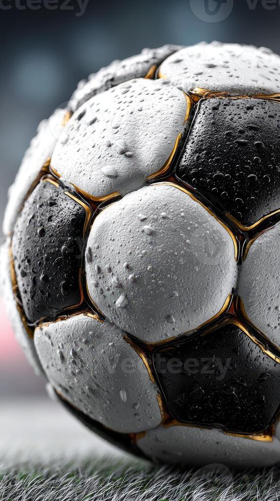 Detailed close-up view of a wet soccer ball with droplets and shiny surface on a field during a rainy day photo