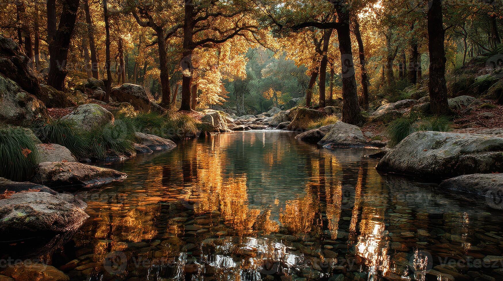 Golden autumn light reflects on a tranquil river surrounded by colorful foliage in a serene forest setting photo