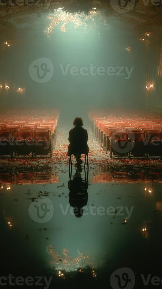 Lonely figure reflects in the empty theater with red seats and mystical lighting at dusk photo