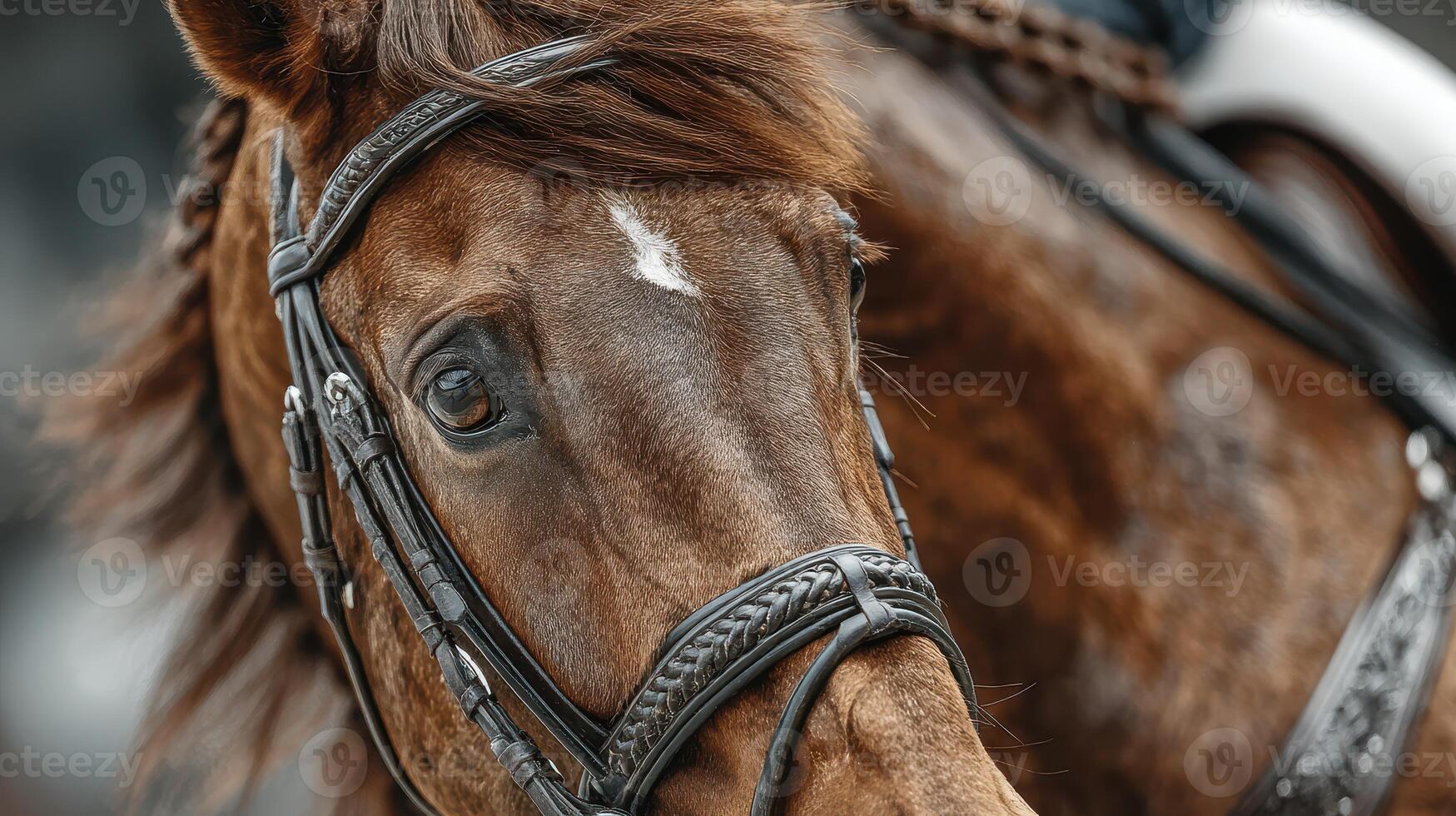 Close-up of a beautiful brown horse in a bridle, showcasing its expressive eye during an equestrian event in the early morning light photo