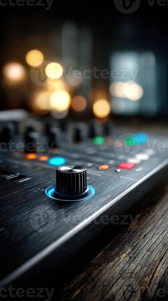 Close-up of a mixing console knob illuminated against a blurred background with lights during a music production session photo