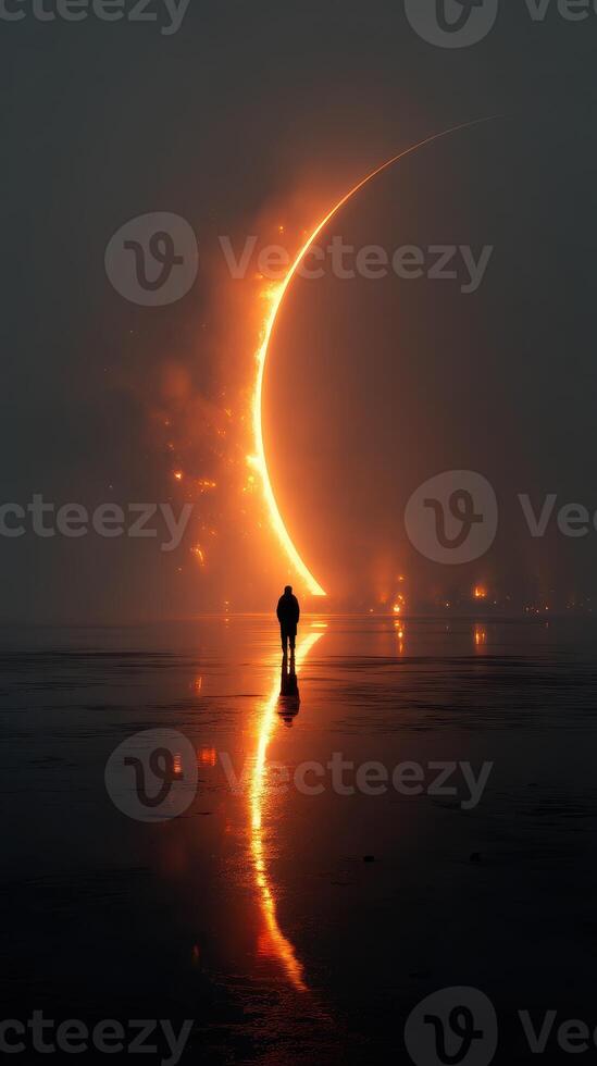 Mysterious figure stands alone under a glowing crescent at twilight near a reflective lake photo