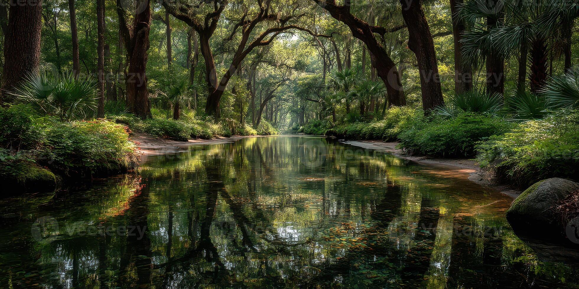 Lush green forest surrounding a tranquil river reflecting trees on a calm afternoon photo