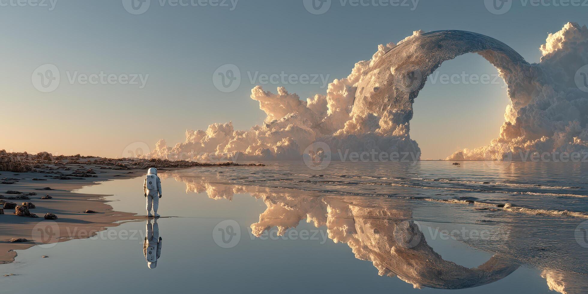 Astronaut explores a surreal landscape with clouds and reflections during golden hour photo