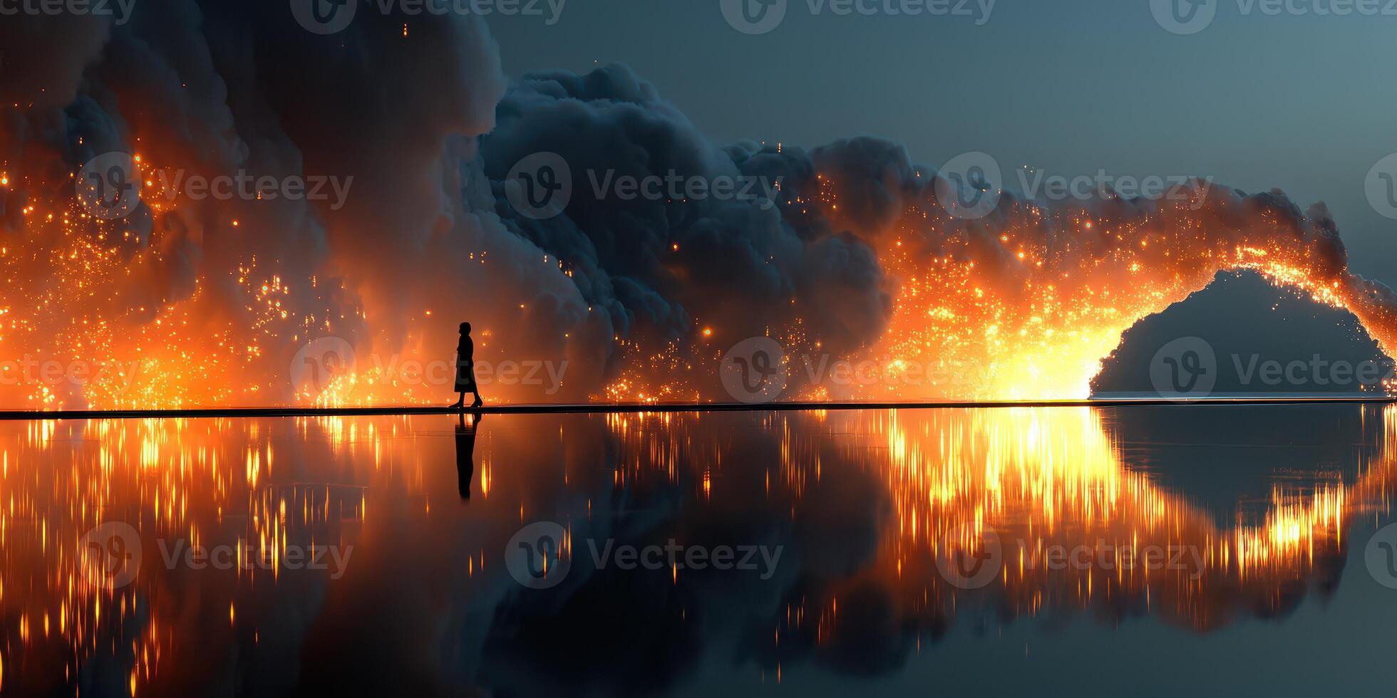 Mysterious figure walks through a fiery landscape reflecting on water at twilight photo