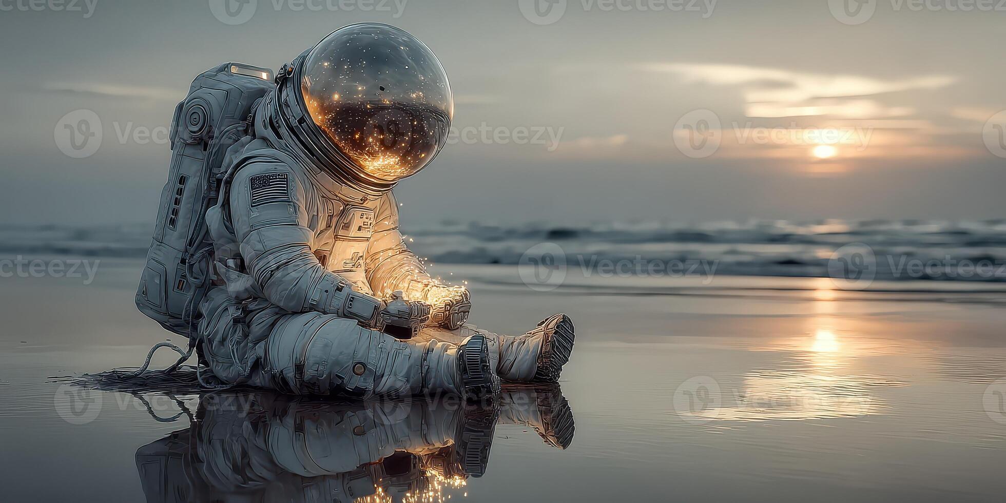 Astronaut sitting on the beach at sunset, reflecting on the cosmos and life beyond Earth photo