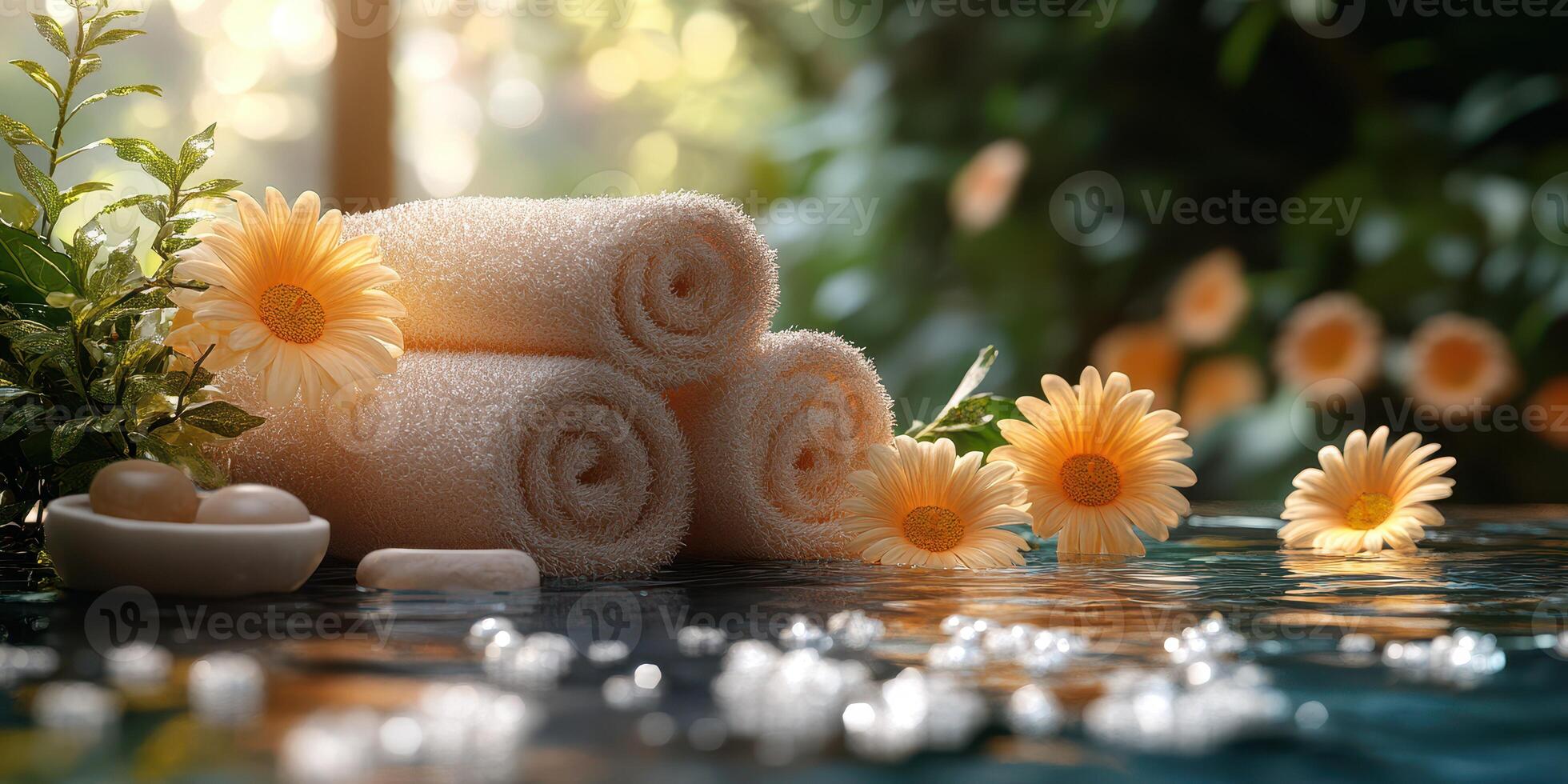 Relaxing spa setting with rolled towels, flowers, and soothing ambiance in a tranquil natural environment photo