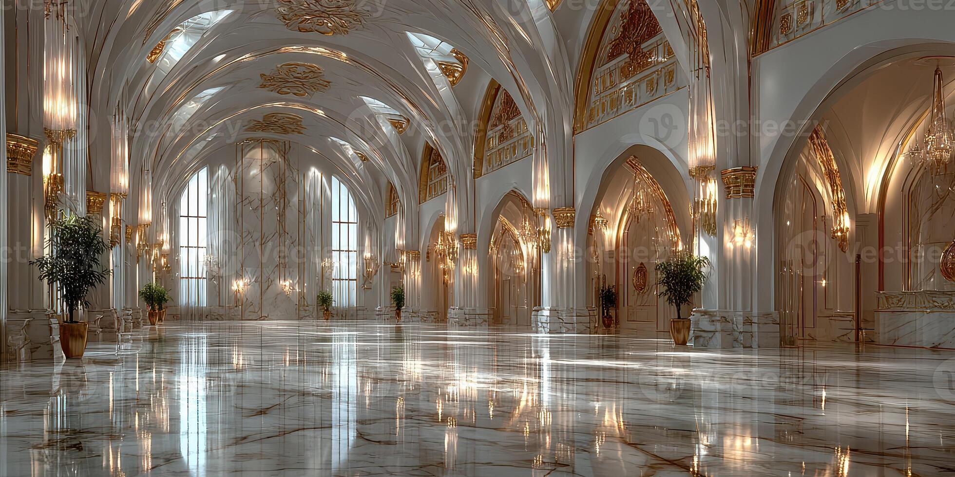 A spacious, opulent grand hall showcases stunning arches and detailed sculptures photo