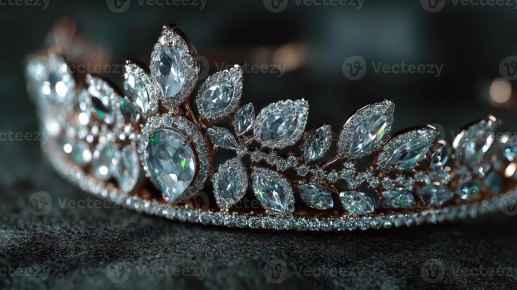 Elegant tiara adorned with sparkling jewels displayed on a dark velvet surface capturing luxury and detail in a close-up shot photo