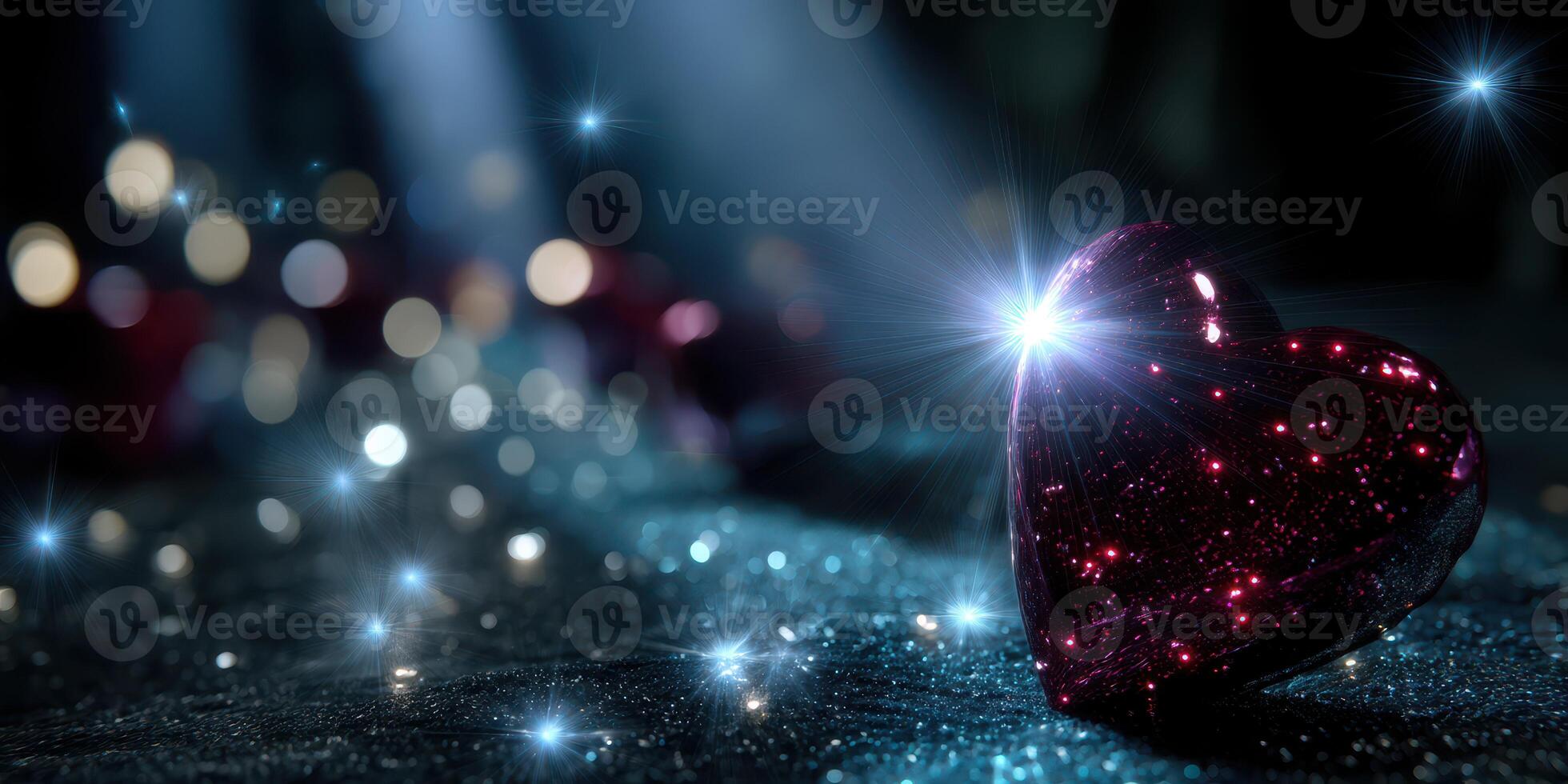 Sparkling red heart surrounded by shimmering lights on a dark surface photo