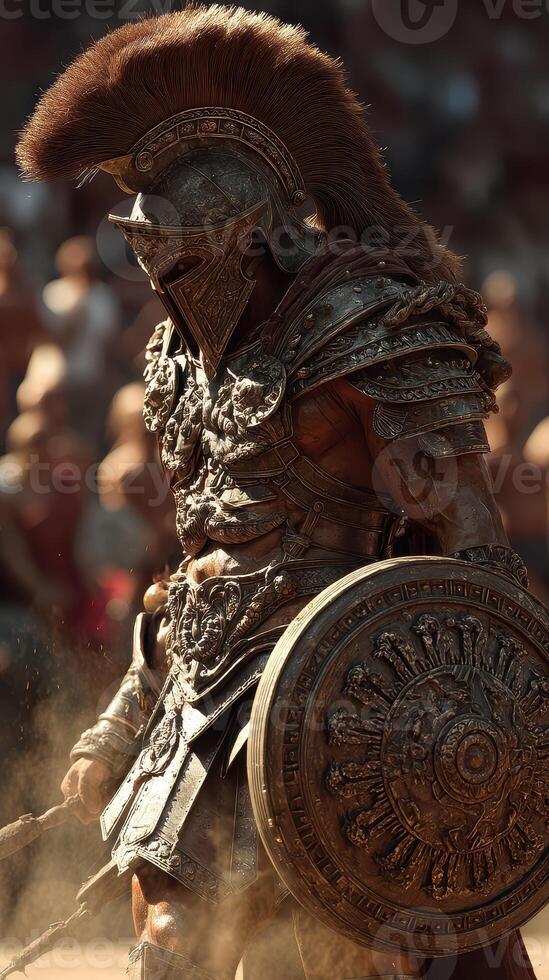 Gladiator in battle armor prepares for combat in an ancient arena during a grand tournament event photo