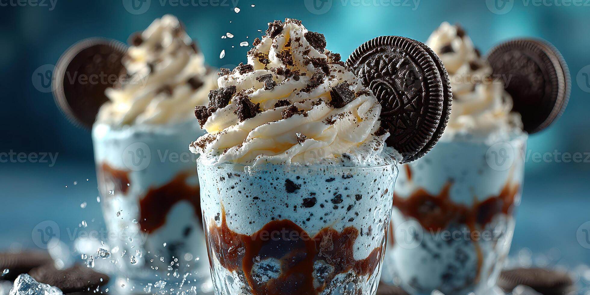 Delicious dessert cups filled with chocolate sauce and whipped cream topped with cookies at a summer party photo