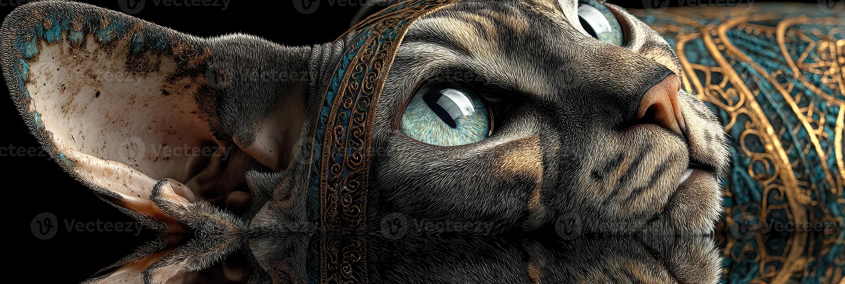 Unique cat portrait with intricate patterns showcasing vibrant eyes and detailed features in rich colors photo