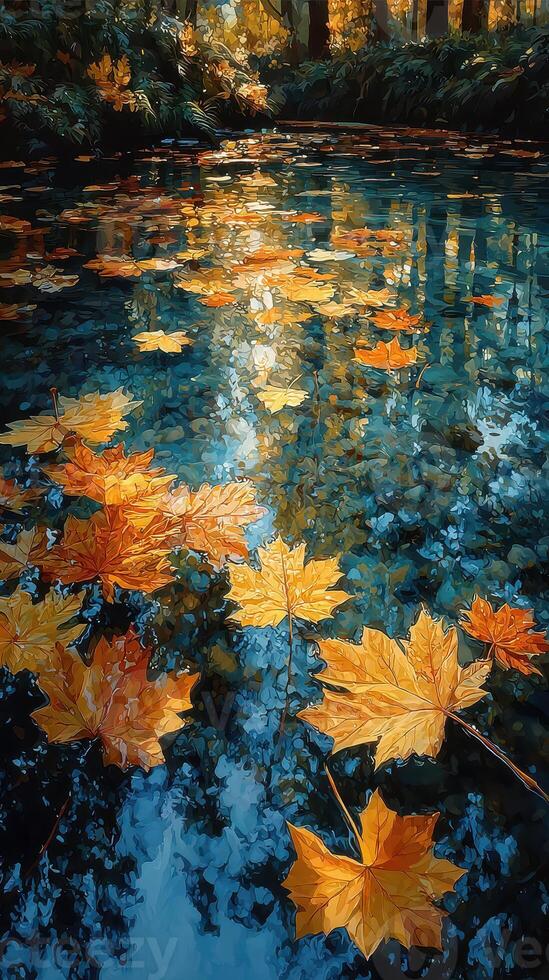 Beautiful autumn leaves floating on a tranquil pond surrounded by golden sunlight in a serene forest photo