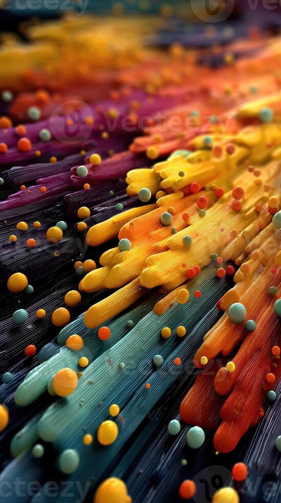 Colorful abstraction of paint splashes and droplets creating a vibrant explosion on a dark surface photo