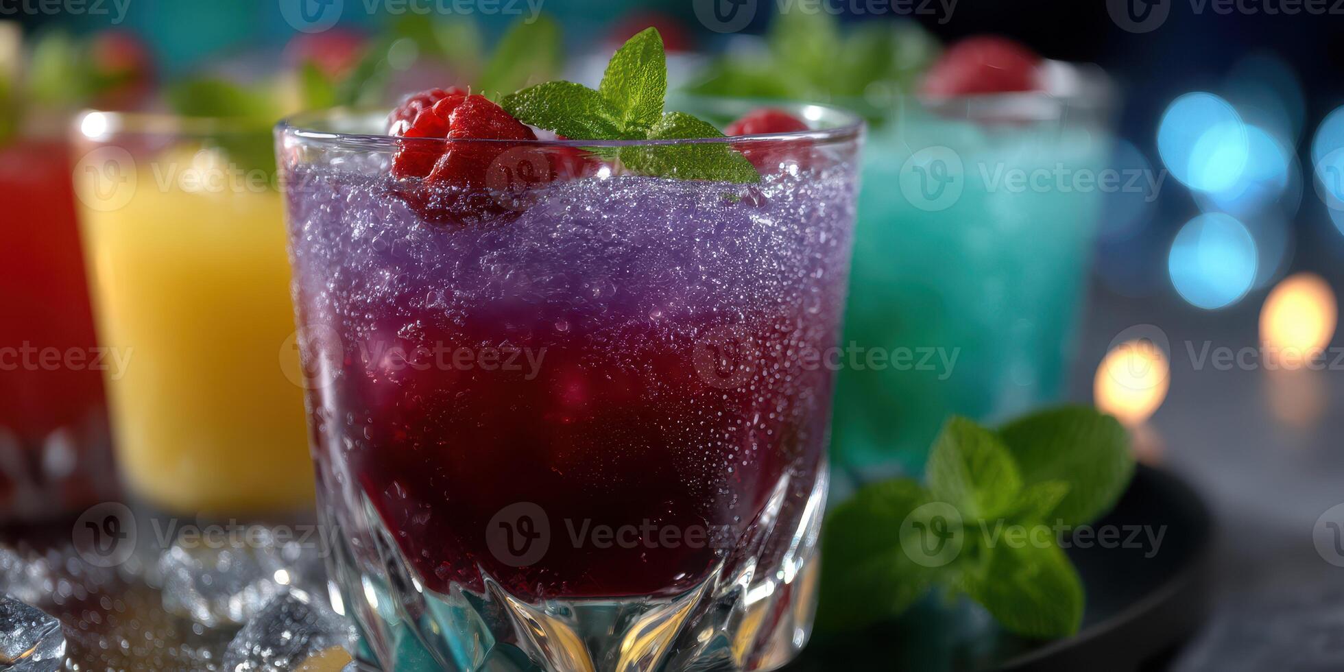Colorful sparkling drinks served in glasses at a festive gathering during the evening photo