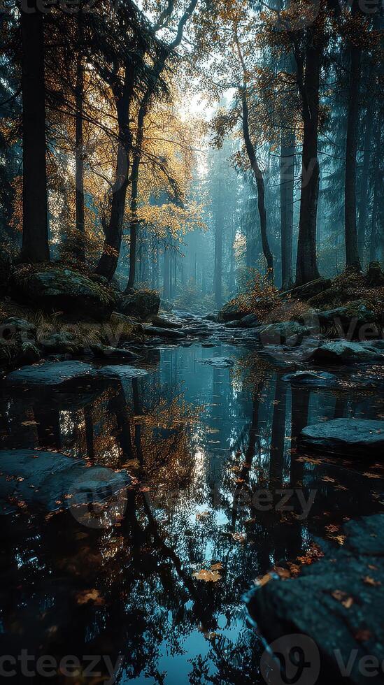 Serene forest landscape with autumn colors and tranquil water reflections in early morning mist photo