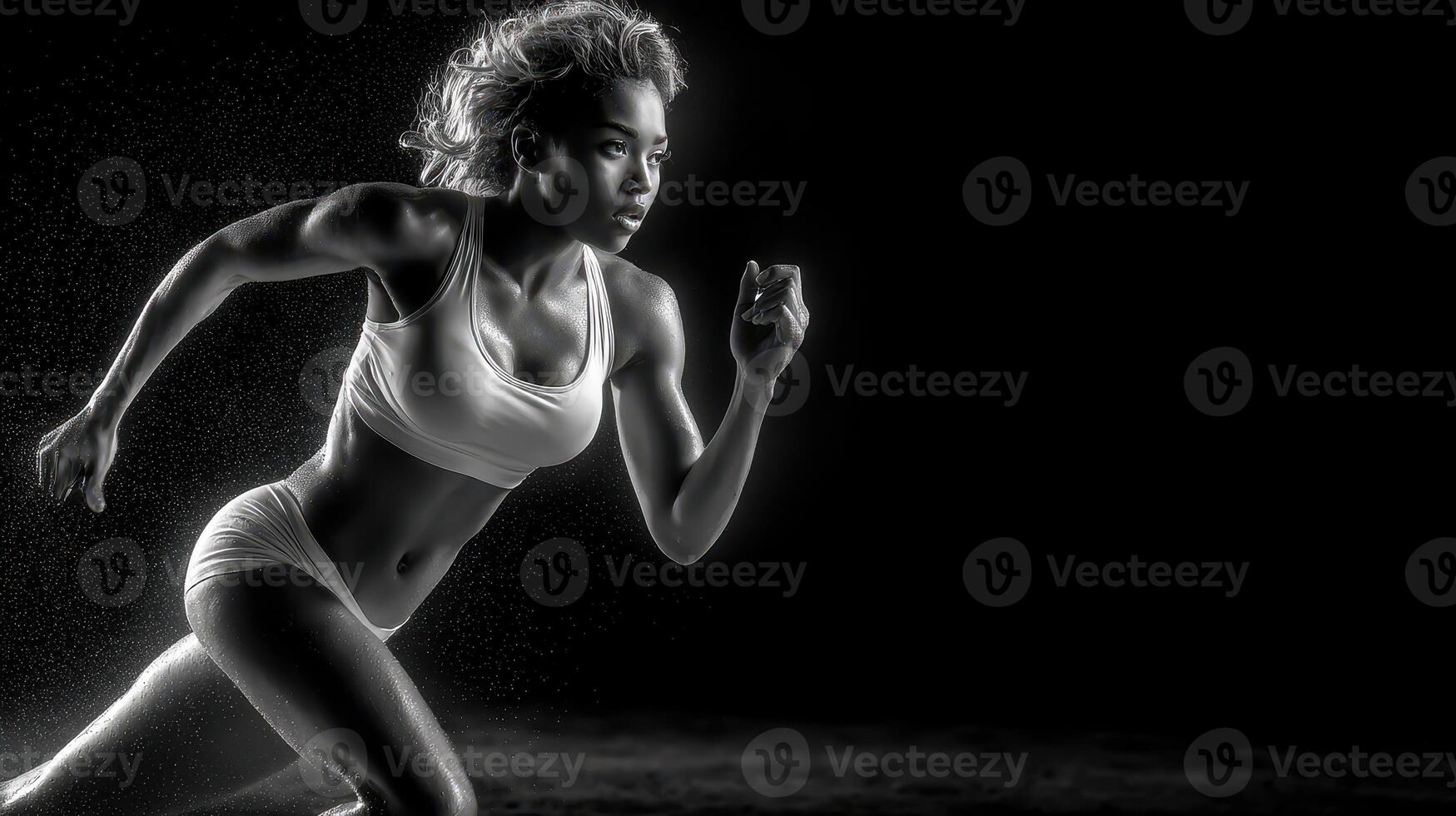 Dynamic athlete sprinting in a dramatic black and white setting with captivating energy captured during a training session photo