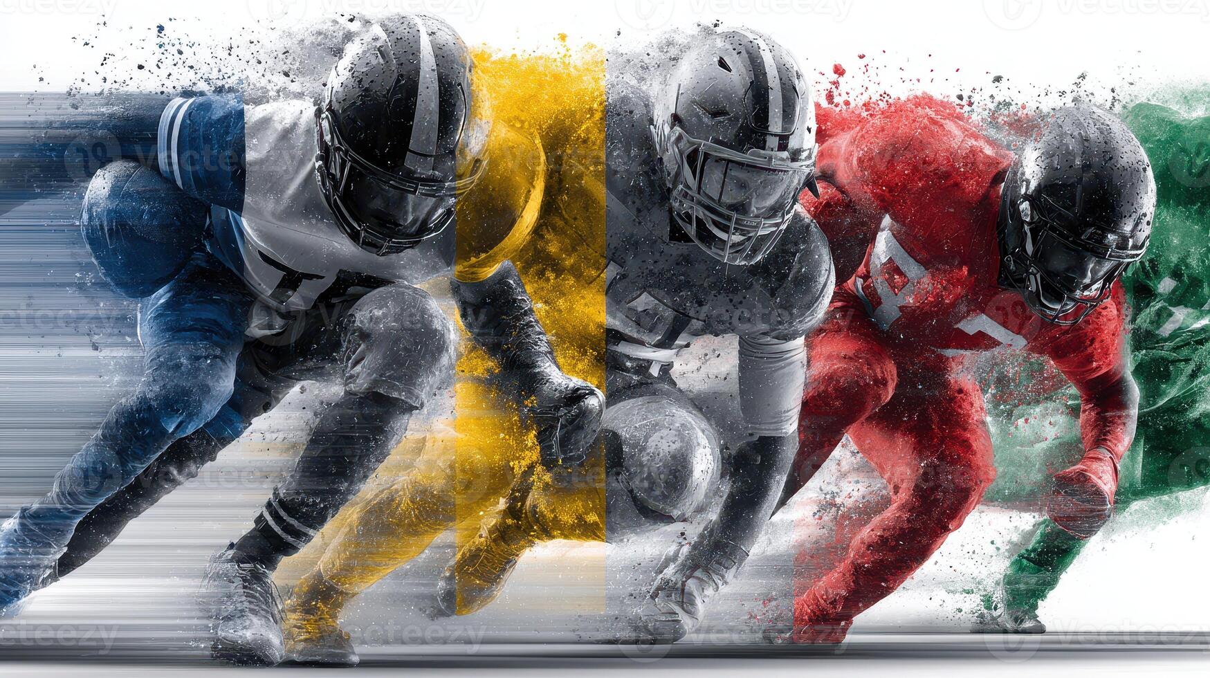 Dynamic football players bursting into action during an intense match in a modern stadium photo