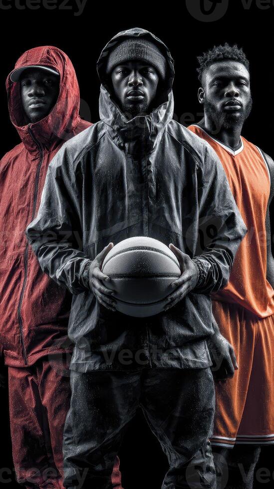Three basketball players in urban sportswear posed dramatically against a dark background, showcasing their skills and dedication photo