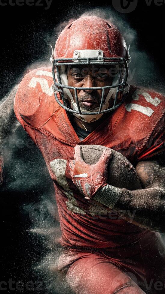 Powerful football player charging forward in dynamic action pose during a game in the stadium photo